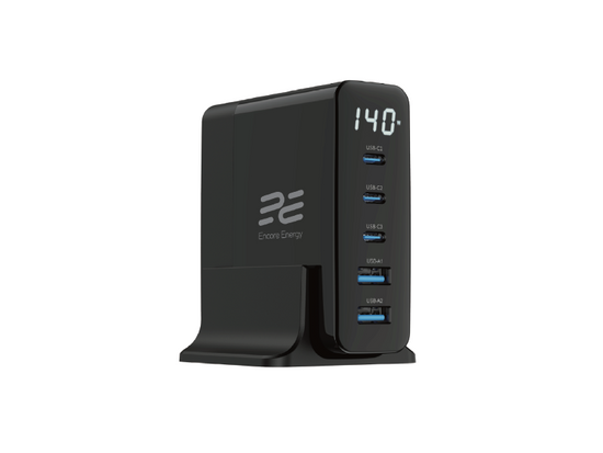 Ładowarka sieciowa Encore Energy GaN QC 4+ PD 3.0 USB-A x2 USB-C x3 140W GaN-14083R z wyświetlaczem + kabel USB-C 2m