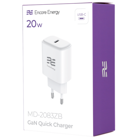 Ładowarka sieciowa GaN 20W USB-C QC PD Encore Energy MD-2083ZB + kabel 2x USB-C 100cm