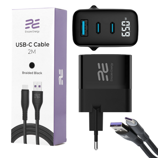 Ładowarka sieciowa Encore Energy GaN QC 4+ PD 3.0 USB-A USB-C x2 65W MD-6583R wyświetlacz + Kabel USB Encore Energy 2m