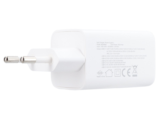 Ładowarka sieciowa GaN 65W USB-A + 2x USB-C QC PD Encore Energy MD-6583Z + kabel 2x USB-C 50cm