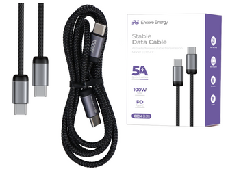 Kabel Encore Energy USB-C x2 5A przewód QC PD 100W do ładowania i transferu danych 100 cm braided czarny EE121-CC-1M