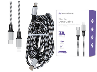 Kabel Encore Energy USB-C Lightning 3A przewód QC PD 27W do ładowania i transferu danych 300 cm braided czarno-biały EE118-CL