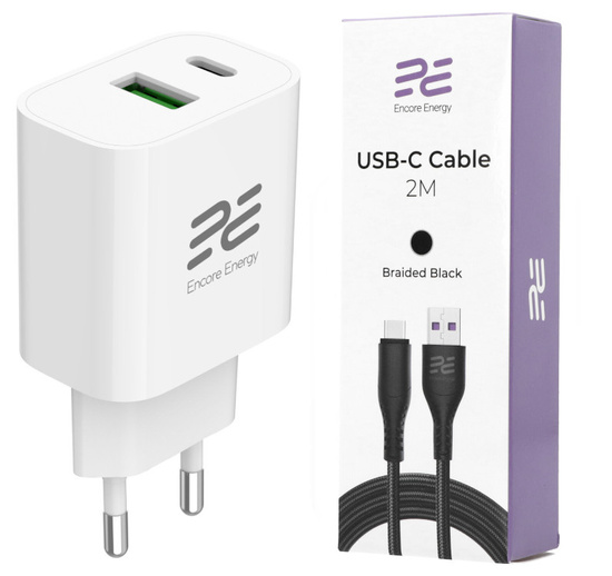 Ładowarka sieciowa Encore Energy PD 3.0 Quick Charge 4.0 USB-A USB-C 20W adapter MD-2083R + Kabel Encore Energy USB 2m