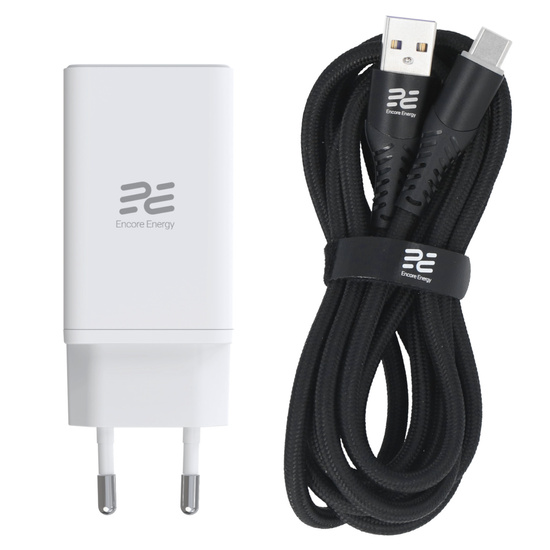 Ładowarka sieciowa Encore Energy GaN QC PD USB-A 18W USB-C 45W MD-4583RD + kabel USB-A USB-C 2m