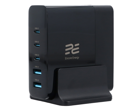 Ładowarka sieciowa Encore Energy GaN QC 4+ PD 3.0 USB-A x2 USB-C x3 140W GaN-14083R z wyświetlaczem