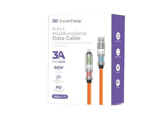 Kabel Encore Energy 4w1 z podświetlanymi wtyczkami USB-C USB-A Lightning 3A przewód QC PD 60W do ładowania i transferu danych 100 cm pomarańczowy EE144