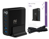 Ładowarka sieciowa Encore Energy GaN QC 4+ PD 3.0 USB-A x2 USB-C x3 140W GaN-14083R z wyświetlaczem