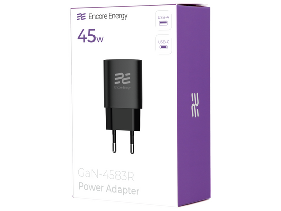 Ładowarka sieciowa Encore Energy GaN QC 4+ PD 3.0 USB-A USB-C 45W GaN-4583R + kabel USB-C 2m