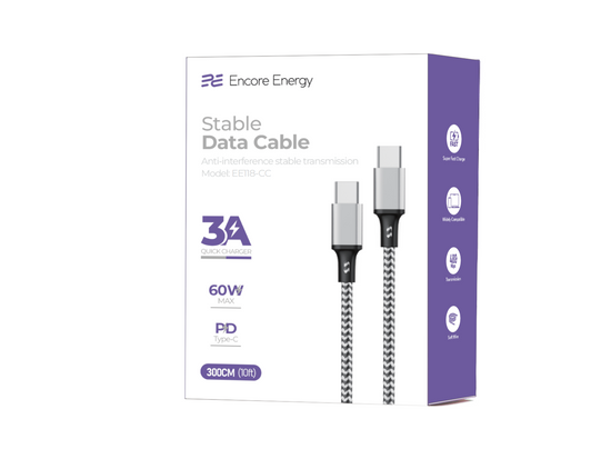 Kabel Encore Energy USB-C x2 3A przewód QC PD 60W do ładowania i transferu danych 300 cm braided czarno-biały EE118-CC