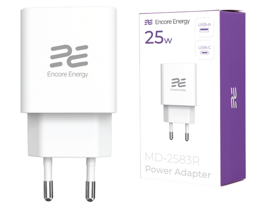 Ładowarka sieciowa Encore Energy GaN QC PD USB-A 18W USB-C 25W MD-2583R + kabel 2x USB-C 50cm