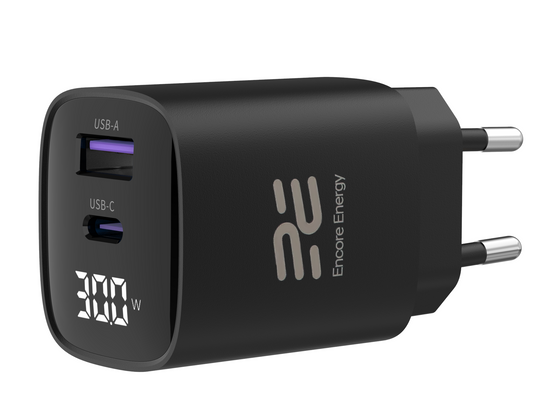Ładowarka sieciowa Encore Energy GaN QC 4+ PD 3.0 USB-A USB-C 30W GaN-3083R z wyświetlaczem + kabel USB-C 2m