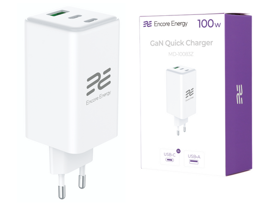 Ładowarka sieciowa Encore Energy GaN QC PD 1x USB-A 30W 2x USB-C 100W MD-10083Z + kabel USB-A USB-C 2m