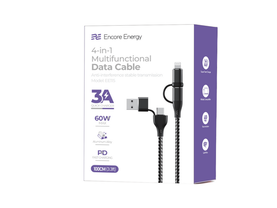 Kabel Encore Energy 4w1 USB-C USB-A Lightning 3A przewód QC PD 60W do ładowania i transferu danych 100 cm braided EE115