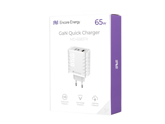 Ładowarka sieciowa GaN 65W USB-A + USB-C QC PD Encore Energy MD-6583TR