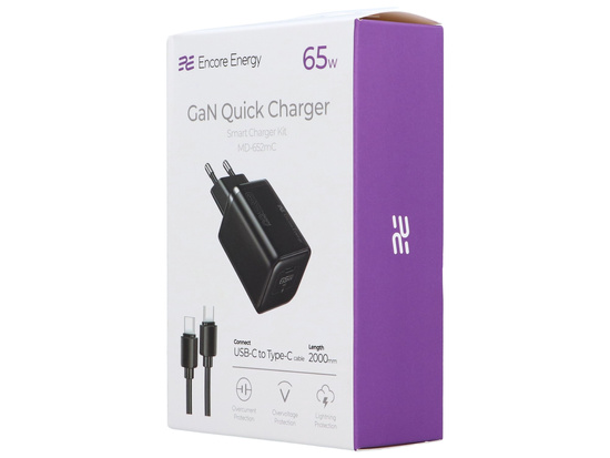 Ładowarka sieciowa GaN 65W USB-C QC PD + kabel USB-C 200cm Encore Energy MD-652mC