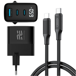 Ładowarka sieciowa Encore Energy GaN QC 4+ PD 3.0 USB-A USB-C x2 65W MD-6583R wyświetlacz + Kabel USB-C Encore Energy 2m