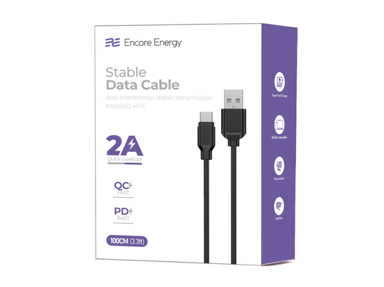 Kabel Encore Energy USB-A USB-C 2A przewód QC PD do ładowania i transferu danych 100cm czarny EE40-C