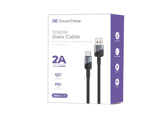 Kabel Encore Energy USB-A USB-C 2A przewód QC PD do ładowania i transferu danych 100 cm braided czarny EE101-C