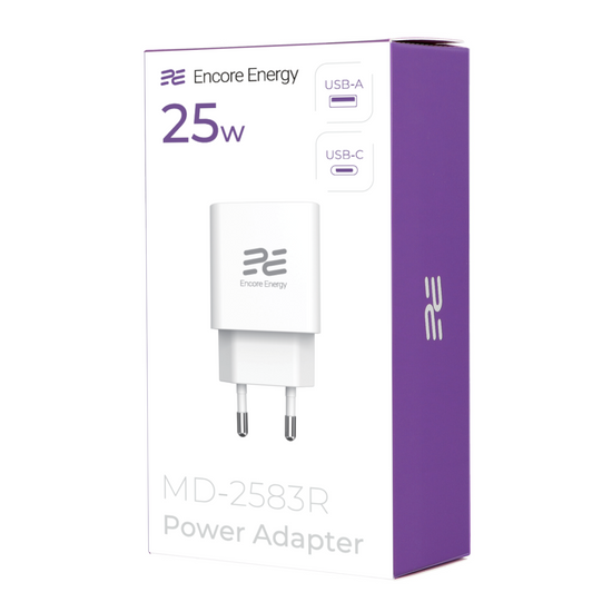 Ładowarka sieciowa Encore Energy GaN QC PD USB-A 18W USB-C 25W MD-2583R