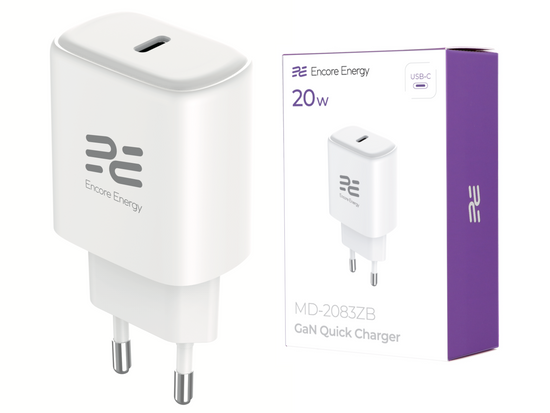 Ładowarka sieciowa GaN 20W USB-C QC PD Encore Energy MD-2083ZB + kabel 2x USB-C 50cm