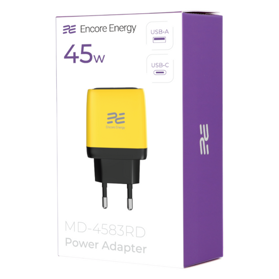 Ładowarka sieciowa Encore Energy GaN QC PD USB-A 18W USB-C 45W MD-4583RD + kabel USB-A USB-C 2m