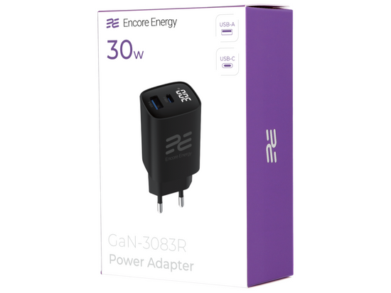 Ładowarka sieciowa Encore Energy GaN QC 4+ PD 3.0 USB-A USB-C 30W GaN-3083R z wyświetlaczem + kabel USB-C 2m