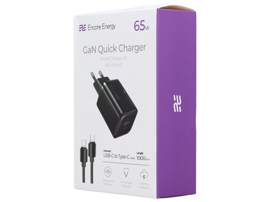 Ładowarka sieciowa GaN 65W USB-C QC PD + kabel USB-C 200cm Encore Energy MD-652mC