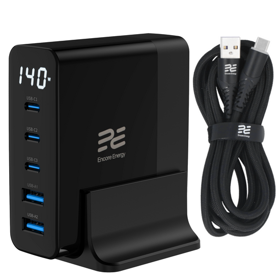 Ładowarka sieciowa Encore Energy GaN QC 4+ PD 3.0 USB-A x2 USB-C x3 140W GaN-14083R z wyświetlaczem + kabel USB-A USB-C 2m