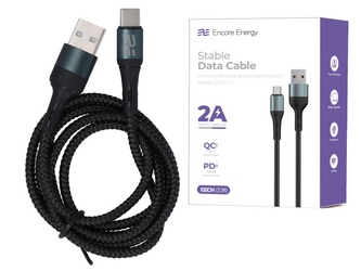 Kabel Encore Energy USB-A USB-C 2A przewód QC PD do ładowania i transferu danych 100 cm braided czarny EE103-C