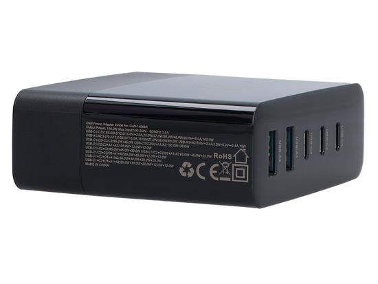 Ładowarka sieciowa Encore Energy GaN QC 4+ PD 3.0 USB-A x2 USB-C x3 140W GaN-14083R z wyświetlaczem + kabel USB-A USB-C 2m