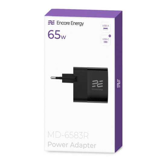 Ładowarka sieciowa Encore Energy GaN QC 4+ PD 3.0 USB-A USB-C x2 65W MD-6583R z wyświetlaczem