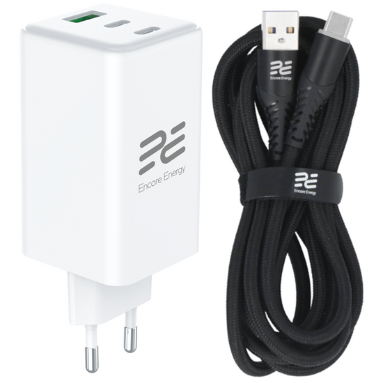Ładowarka sieciowa Encore Energy GaN QC PD 1x USB-A 30W 2x USB-C 100W MD-10083Z + kabel USB-A USB-C 2m