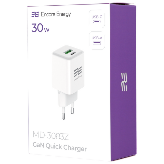 Ładowarka sieciowa GaN 30W USB-A USB-C QC PD Encore Energy MD-3083Z