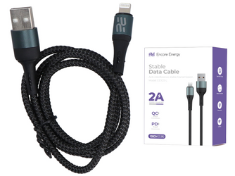 Kabel Encore Energy USB-A Lightning 2A przewód QC PD do ładowania i transferu danych 100 cm braided czarny EE103-L