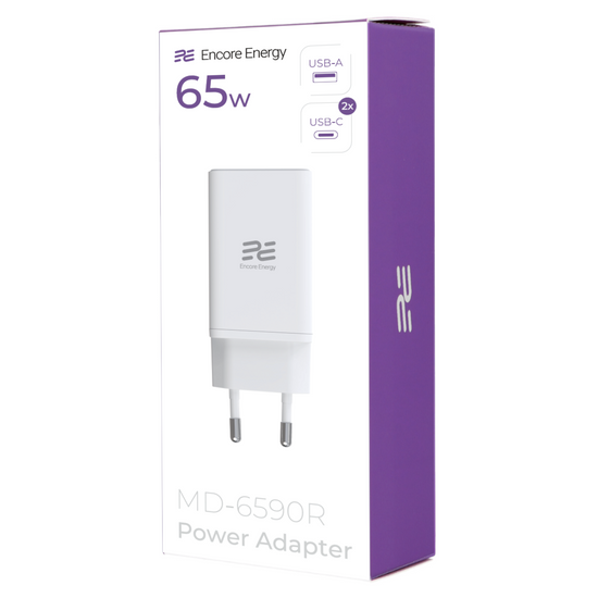 Ładowarka sieciowa GaN 65W USB-A + 2x USB-C QC PPS PD Encore Energy MD-6590R