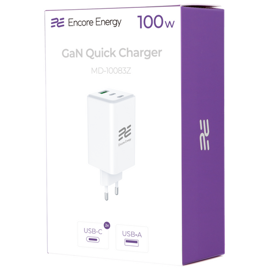 Ładowarka sieciowa Encore Energy GaN QC PD 1x USB-A 30W 2x USB-C 100W MD-10083Z