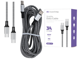 Kabel Encore Energy USB-C x2 3A przewód QC PD 60W do ładowania i transferu danych 300 cm braided czarno-biały EE118-CC