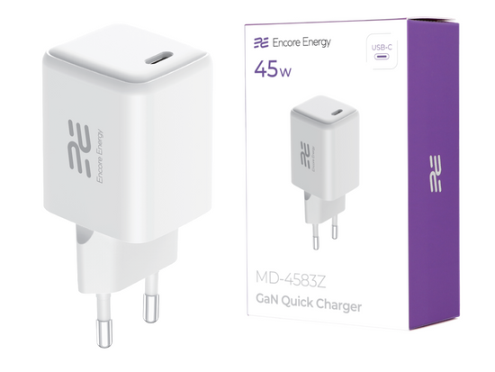 Ładowarka sieciowa GaN USB-C 45W QC PD Encore Energy MD-4583Z + kabel 2x USB-C 100cm