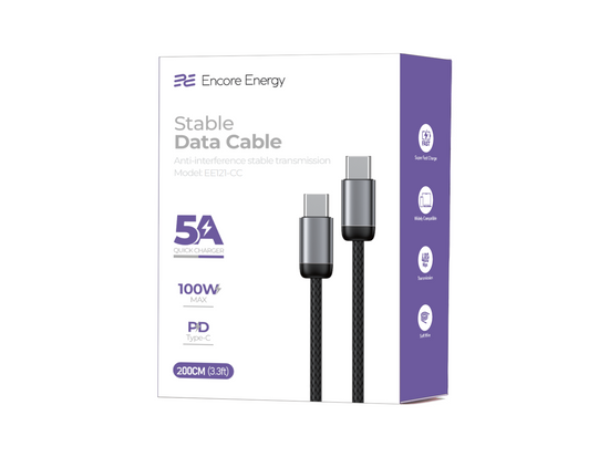 Kabel Encore Energy USB-C x2 5A przewód QC PD 100W do ładowania i transferu danych 200 cm braided czarny EE121-CC-2M