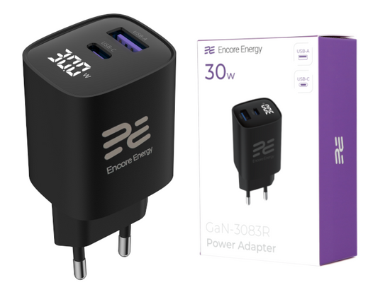 Ładowarka sieciowa Encore Energy GaN QC 4+ PD 3.0 USB-A USB-C 30W GaN-3083R z wyświetlaczem + kabel USB-C 2m