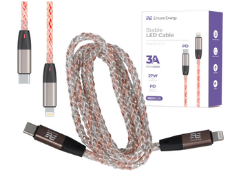 Podświetlany kabel Encore Energy RGB USB-C Lightning przewód QC PD 3A 27W do ładowania i transferu danych 100 cm EE130-CL