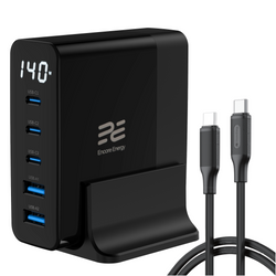 Ładowarka sieciowa Encore Energy GaN QC 4+ PD 3.0 USB-A x2 USB-C x3 140W GaN-14083R z wyświetlaczem + kabel USB-C 2m