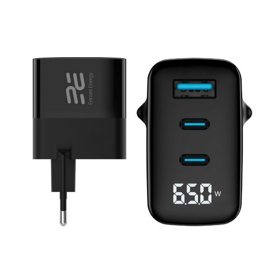Ładowarka sieciowa Encore Energy GaN QC 4+ PD 3.0 USB-A USB-C x2 65W MD-6583R wyświetlacz + Kabel USB Encore Energy 2m