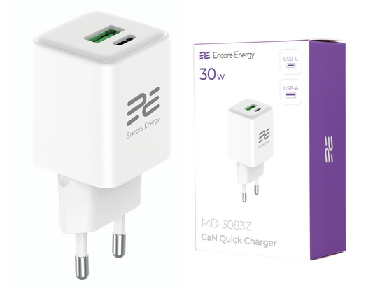 Ładowarka sieciowa GaN 30W USB-A USB-C QC PD Encore Energy MD-3083Z + kabel 2x USB-C 50cm
