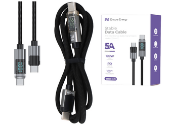 Encore Energy kabel z wyświetlaczem USB-C x2 5A przewód QC PD 100W do ładowania i transferu danych 100 cm braided czarny EE154-CC
