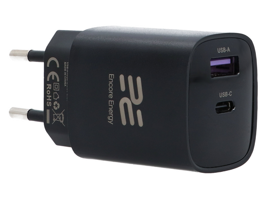 Ładowarka sieciowa Encore Energy GaN QC 4+ PD 3.0 USB-A USB-C 30W GaN-3083R z wyświetlaczem + kabel USB-A USB-C 2m