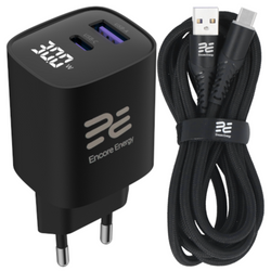 Ładowarka sieciowa Encore Energy GaN QC 4+ PD 3.0 USB-A USB-C 30W GaN-3083R z wyświetlaczem + kabel USB-A USB-C 2m