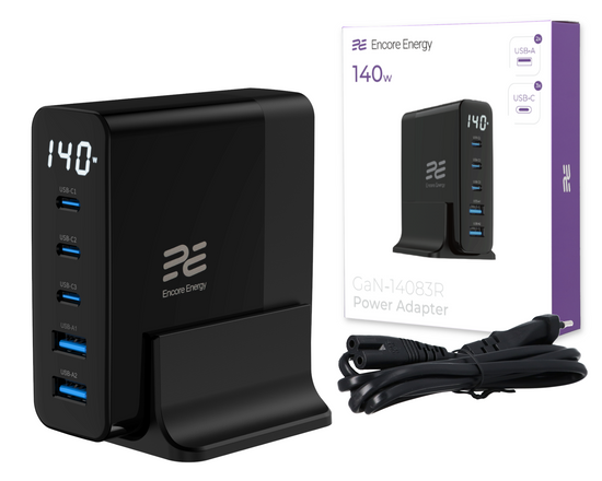 Ładowarka sieciowa Encore Energy GaN QC 4+ PD 3.0 USB-A x2 USB-C x3 140W GaN-14083R z wyświetlaczem + kabel USB-C 2m