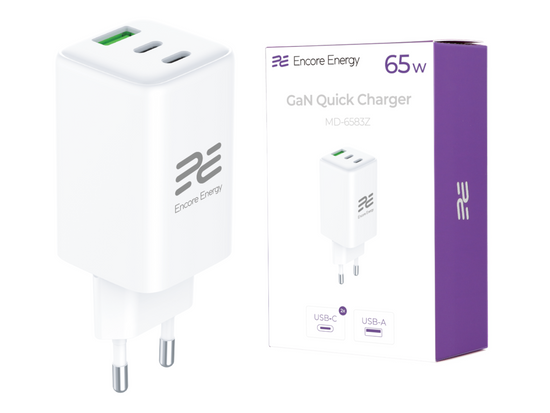 Ładowarka sieciowa GaN 65W USB-A + 2x USB-C QC PD Encore Energy MD-6583Z + kabel USB-A USB-C 2m
