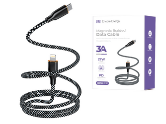 Magnetyczny kabel Encore Energy USB-C Lightning przewód QC PD 3A 27W do ładowania i transferu danych 100 cm braided czarno-biały EE126-CL